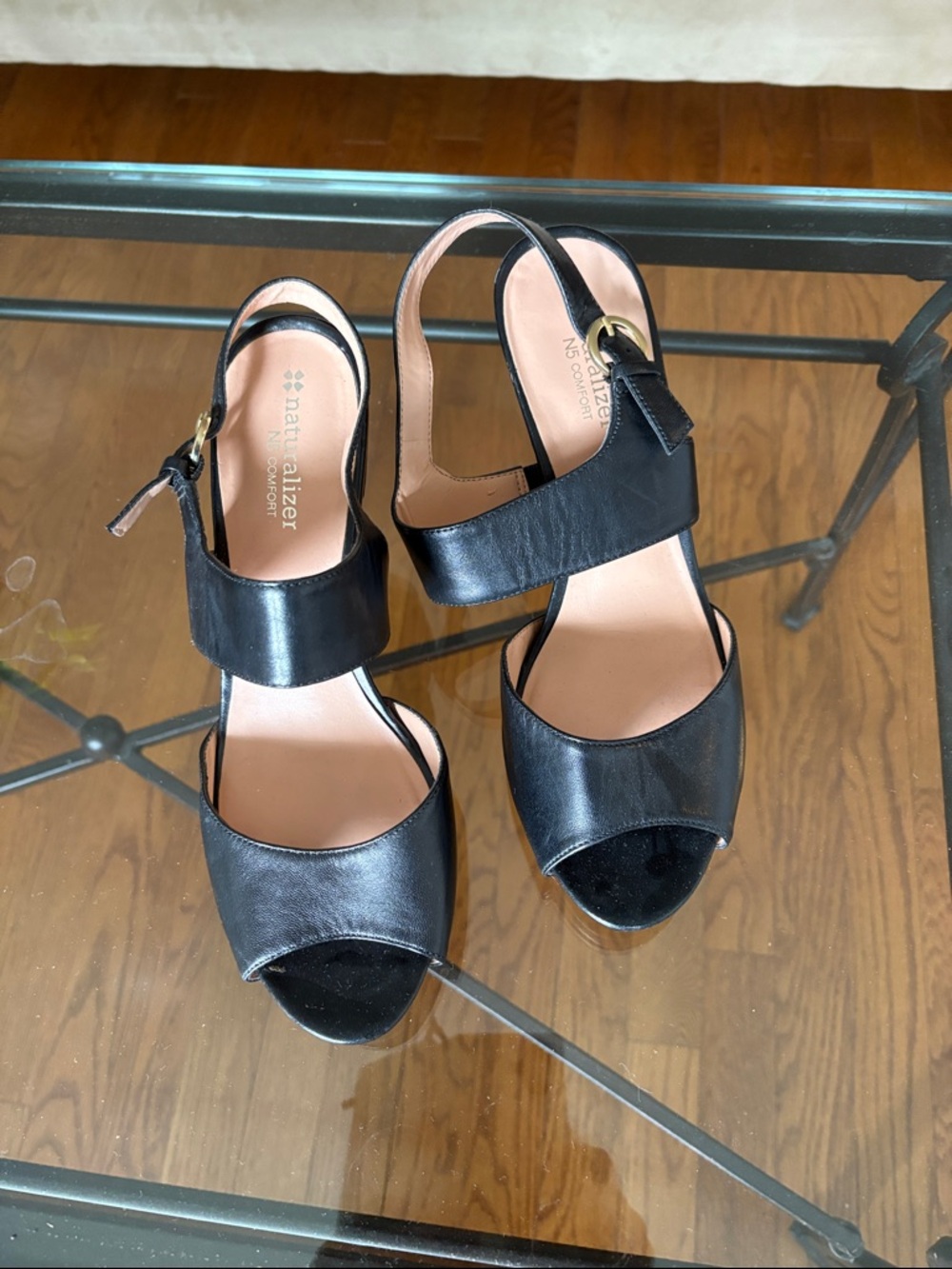 Naturalizer Black Leather Peep-Toe Slingback Heels
